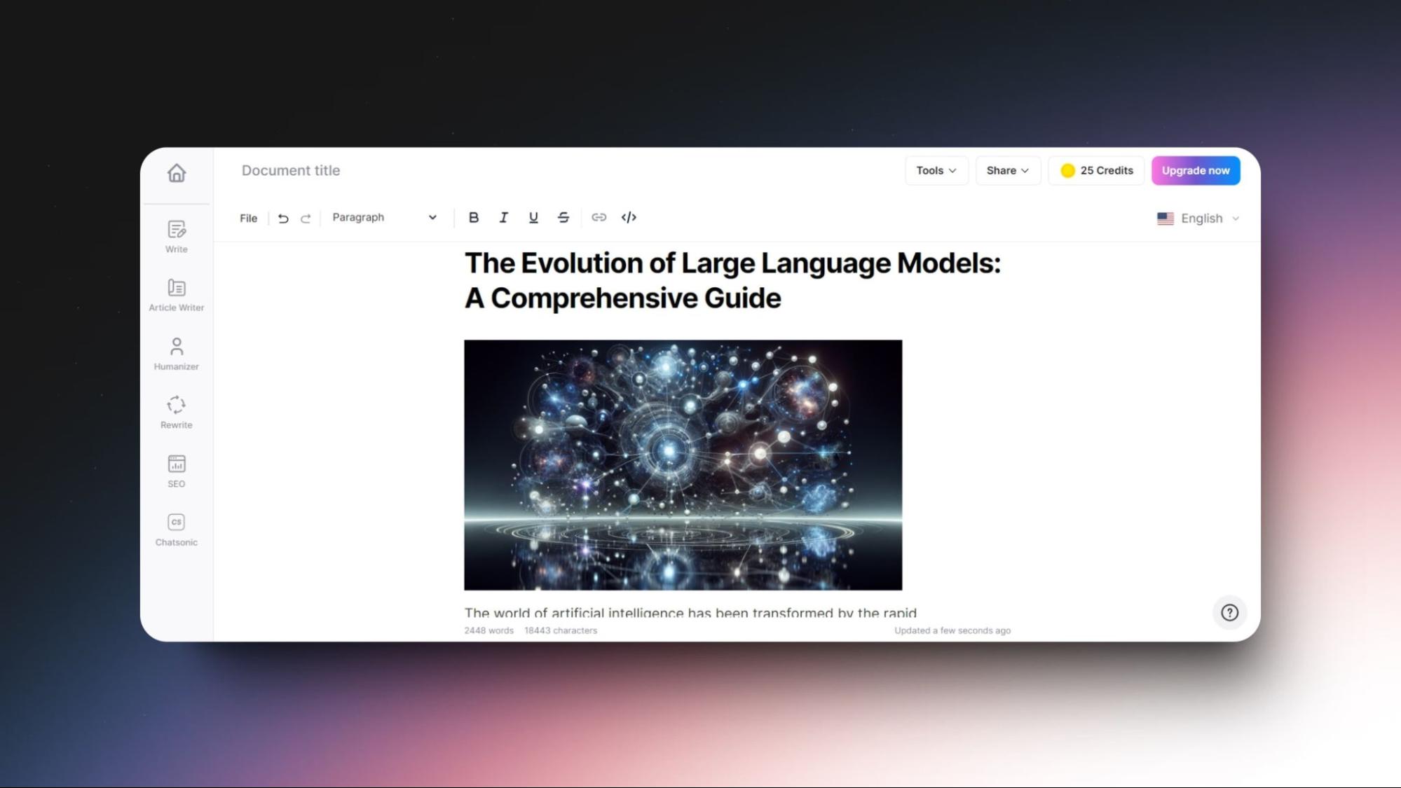 Screenshot of an AI writing tool interface creating a document titled "The Evolution of Large Language Models: A Comprehensive Guide.