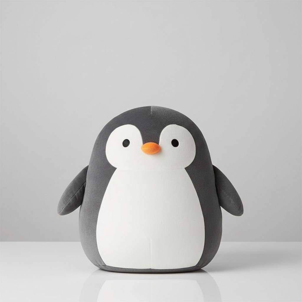 A large, black and white velvet penguin stuffed animal with a soft body and a friendly face.