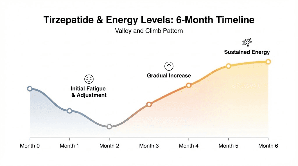Tirzepatide energy timeline showing initial dip then improvement over six months