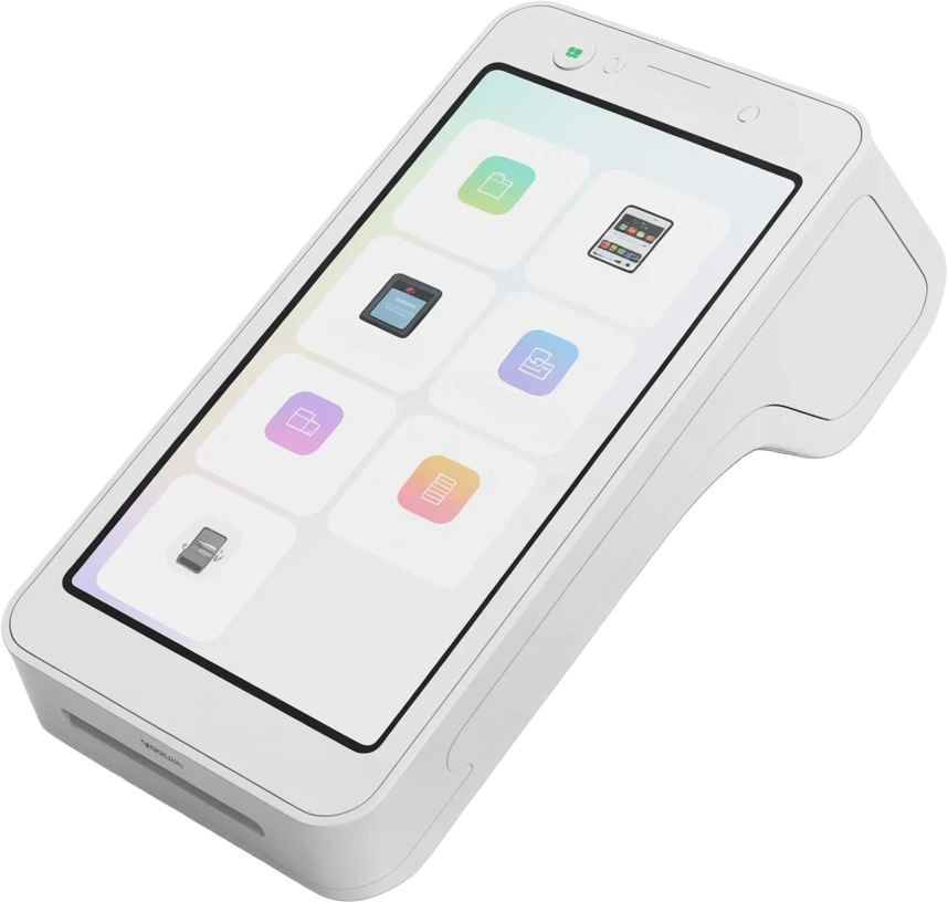 White handheld point-of-sale terminal or payment device with touchscreen display showing colorful app icons and interface elements.