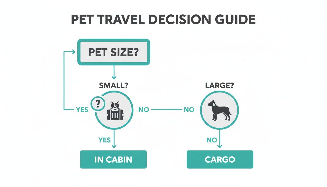Flowchart outlining pet travel decisions: small pets go in-cabin, others in cargo.