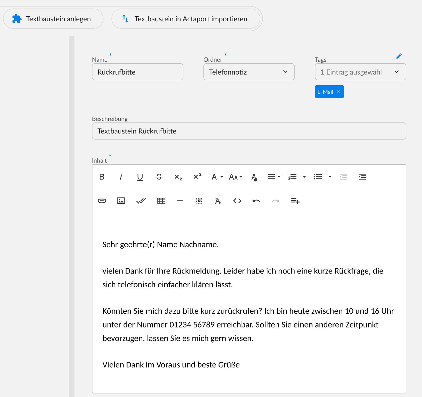 Ausschnitt Software Actaport im Bereich Textbausteine anlegen mit Dummytext zur telefonischen Rückrufanfrage