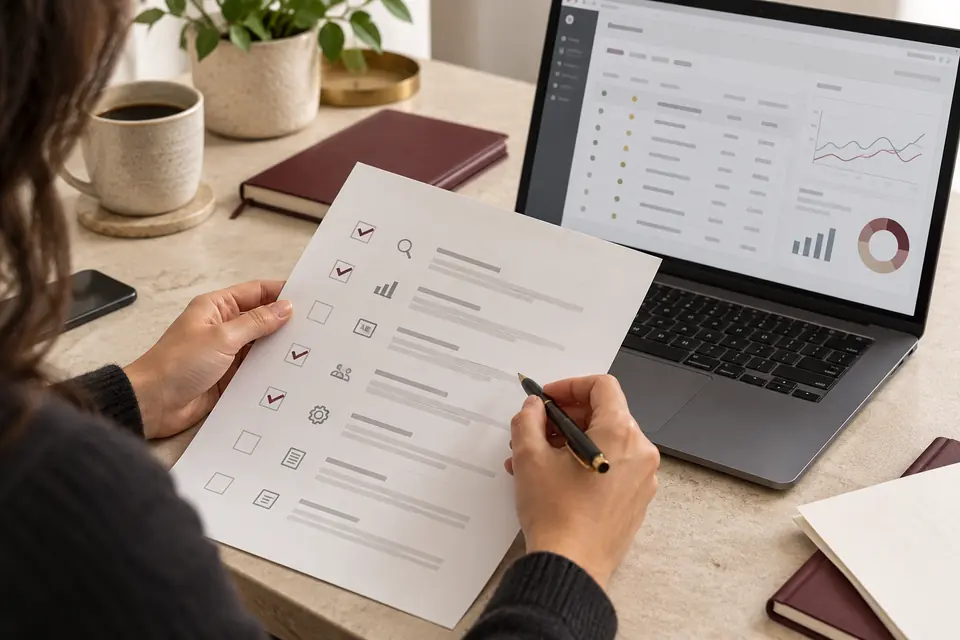 Marketing specialist reviewing a campaign audit checklist beside a laptop.