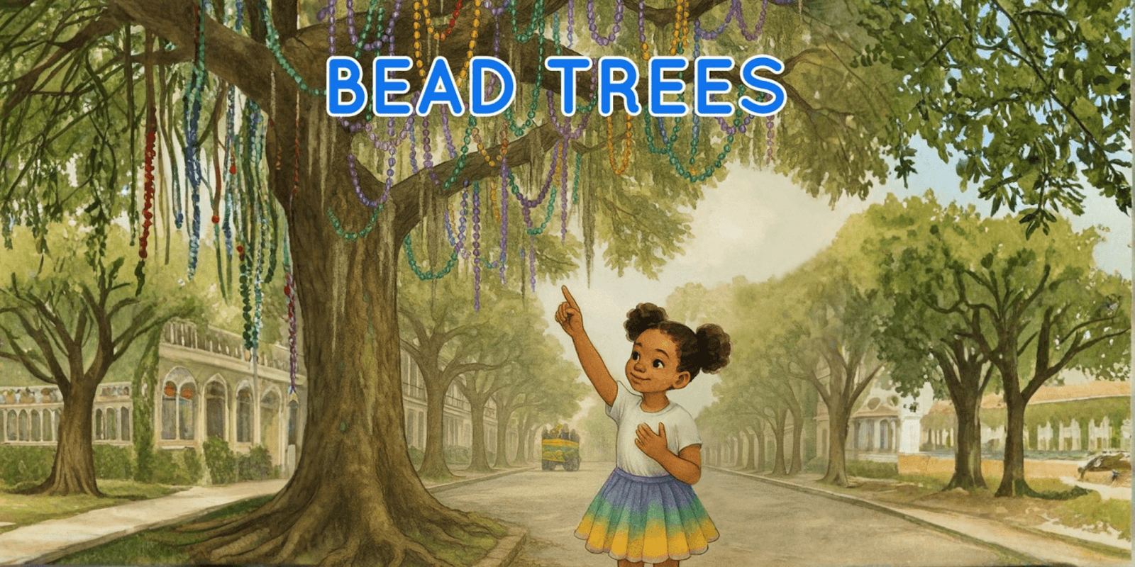 A child marvels at Mardi Gras bead-covered trees in New Orleans, capturing the magic of the celebration.
