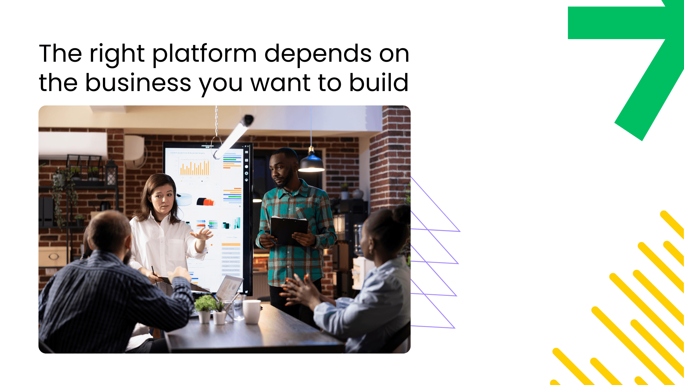 Team presentation in a modern office beside text about choosing the right platform for coaching business goals.