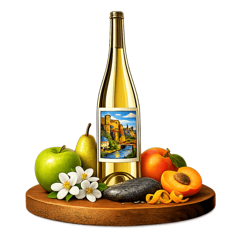 Artistic label and flavor profile for Luxembourg White Blend on a rustic wooden table.