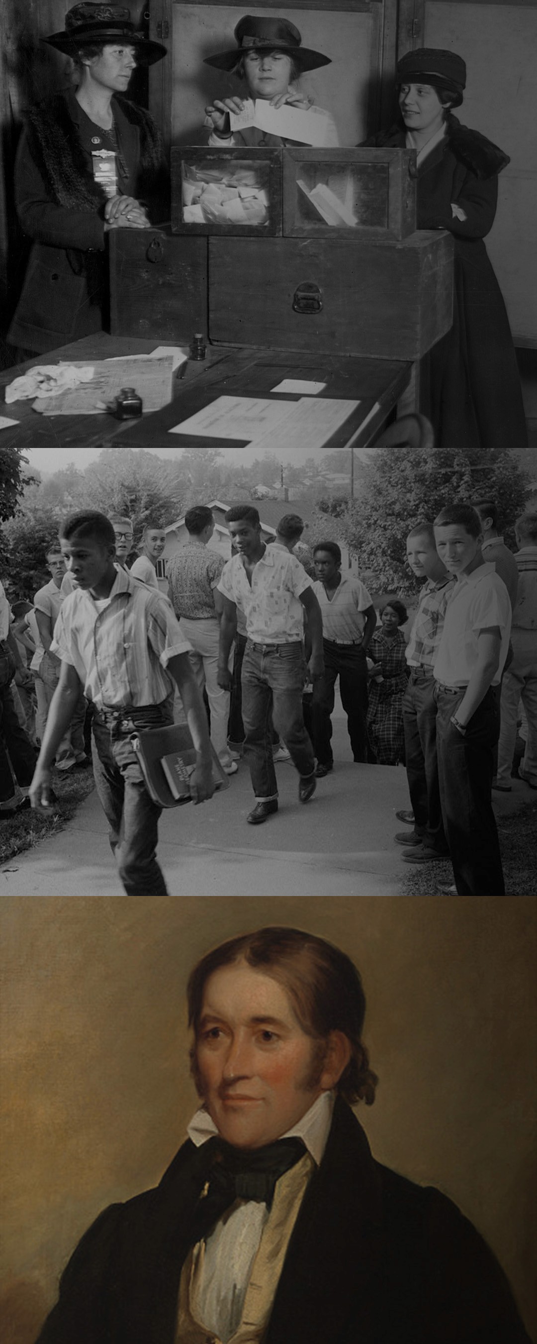Women casting ballots into a voting box; African American students entering a newly integrating newly integrated school; Portrait of Davy Crockett