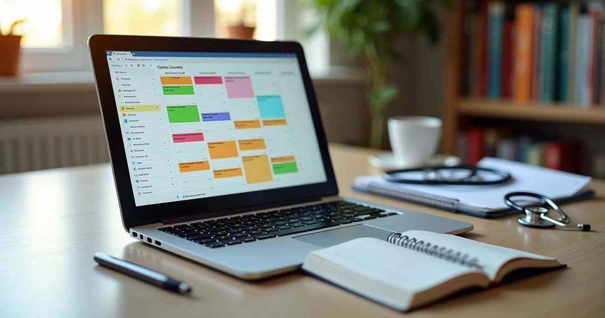 Agenda digital de nutricionista aberta no computador ao lado de um bloco de notas com caneta 