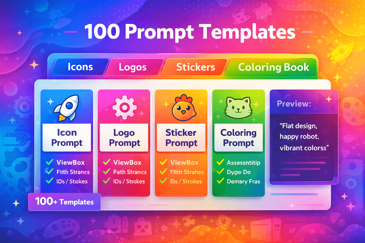Prompt template library UI showing categories like icons and logos with a prompt preview area and a template count.