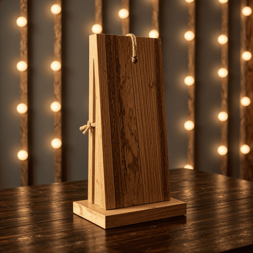 product photography of a wooden display stand with decorative rope and ladybug accents