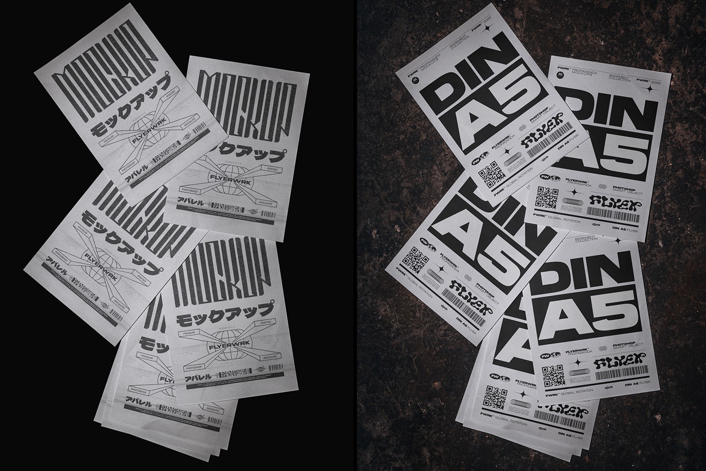 High-resolution A5 flyer mockup featuring brutalist poster designs and metal-inspired wolf illustrations