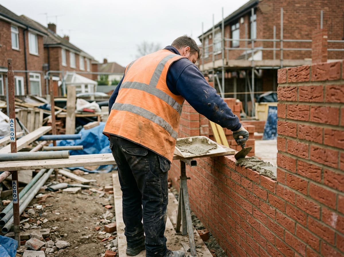 Builder laying bricks on a house extension