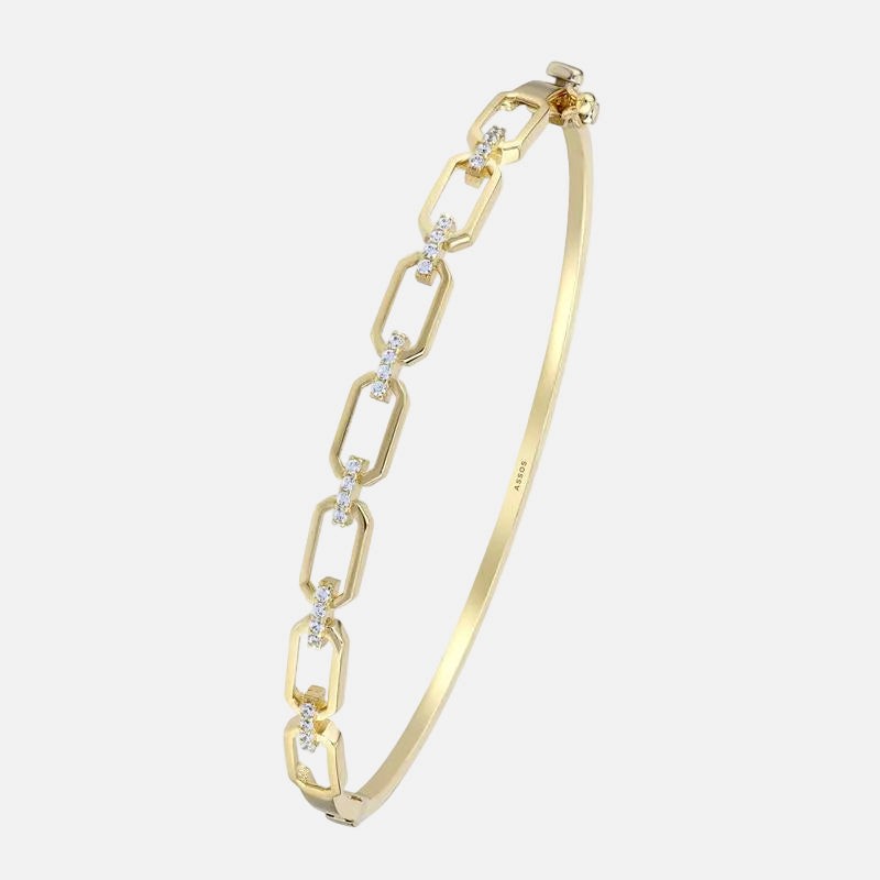 Assos 14 Ayar Sarı Altın Taşlı Zincir Desenli Kelepçe Bilezik