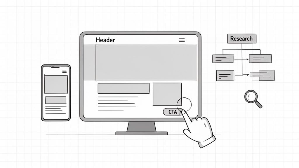 Wireframe designs for responsive website development, with a hand clicking a CTA button, alongside research workflow.