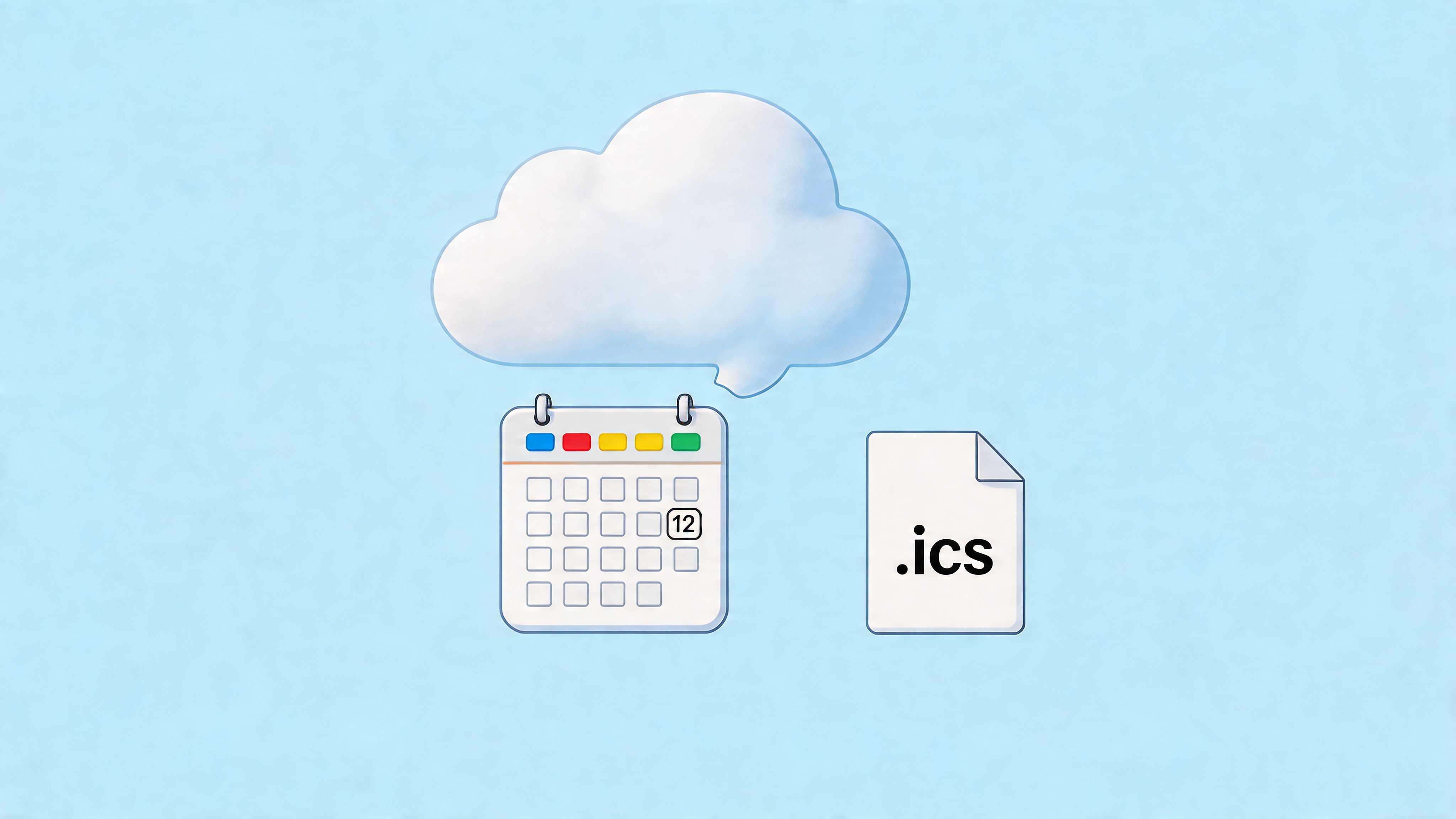 A 3D illustration showing a cloud hovering above a Google Calendar icon and an ICS file icon.