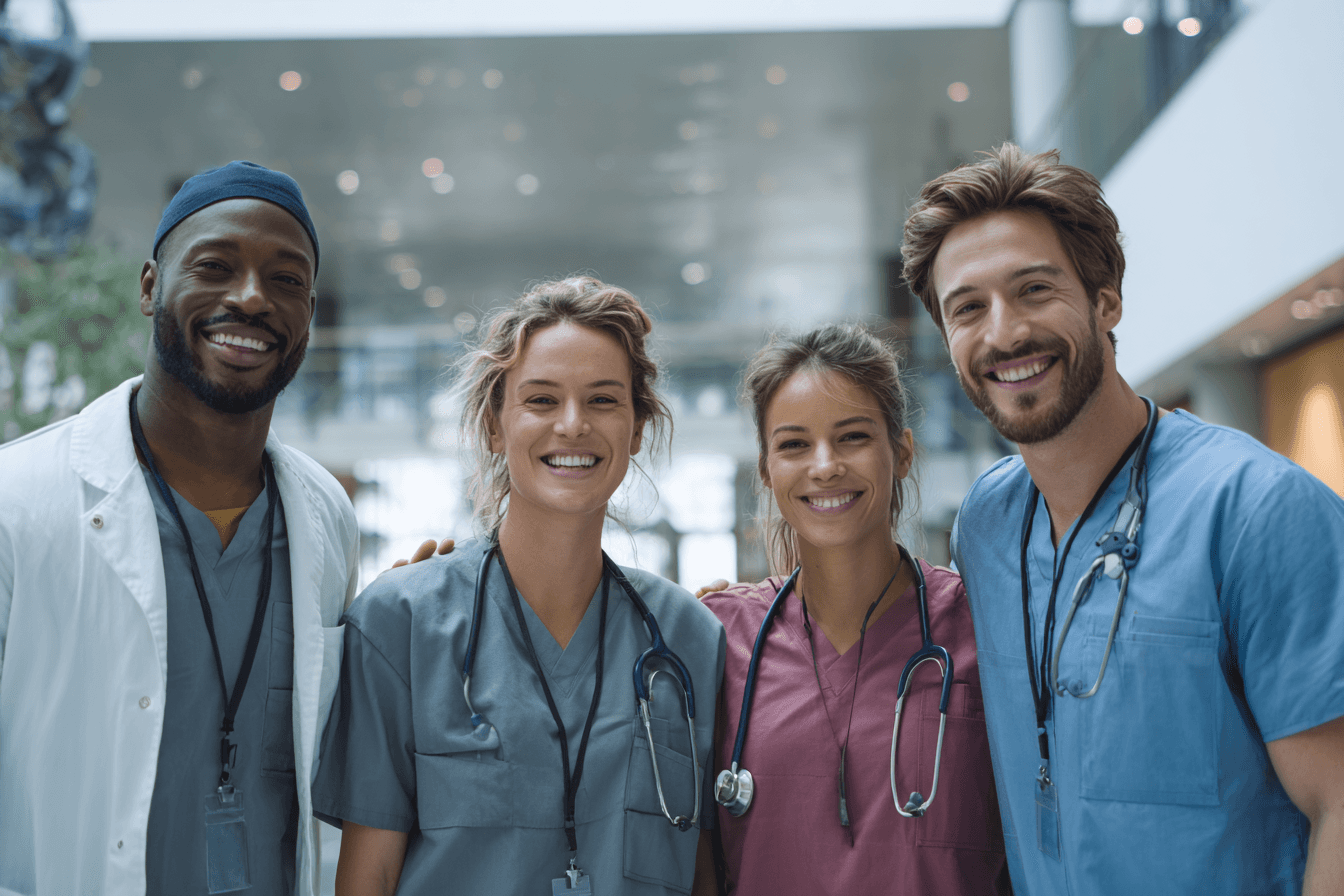 Smiling medical team of four, three women and one man, wearing scrubs and stethoscopes in a bright hospital lobby, conveying a sense of teamwork and care.