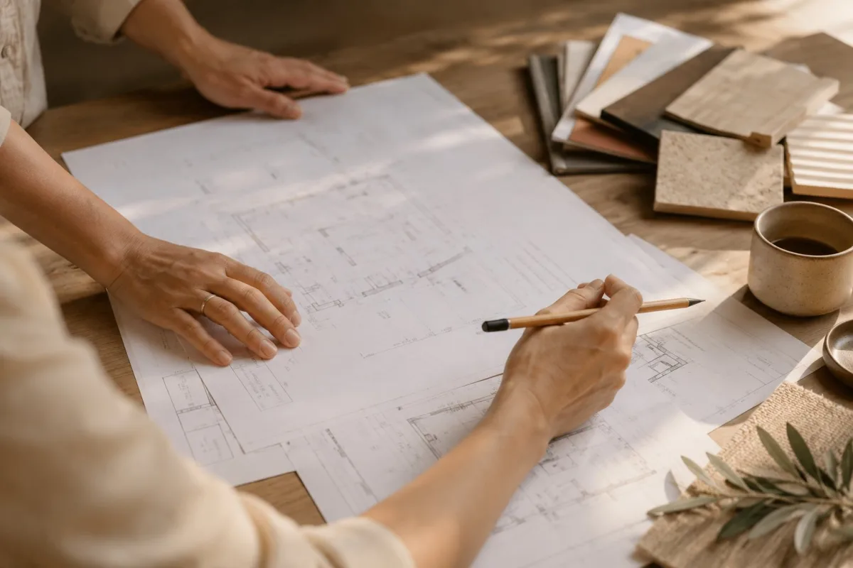 Première consultation avec un architecte d'intérieur en Île-de-France, analyse des plans d'aménagement et sélection des matériaux sur table