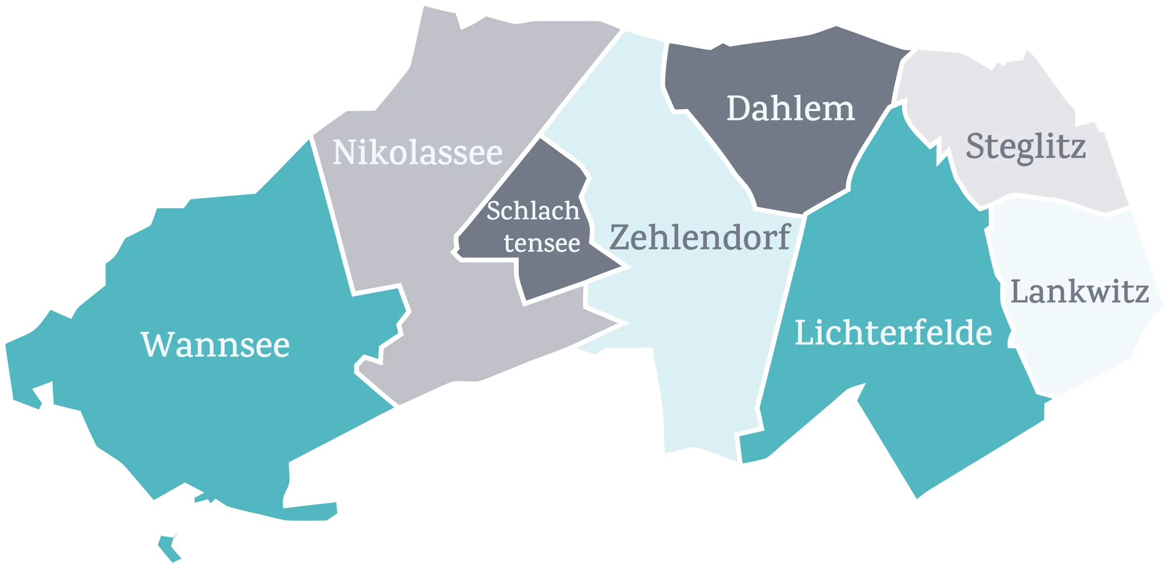 Grafische Landkarte des Berliner Bezirks Steglitz-Zehlendorf, farblich aufgeteilt in seine acht Ortsteile: Wannsee, Nikolassee, Schlachtensee, Zehlendorf, Dahlem, Lichterfelde, Lankwitz und Steglitz.