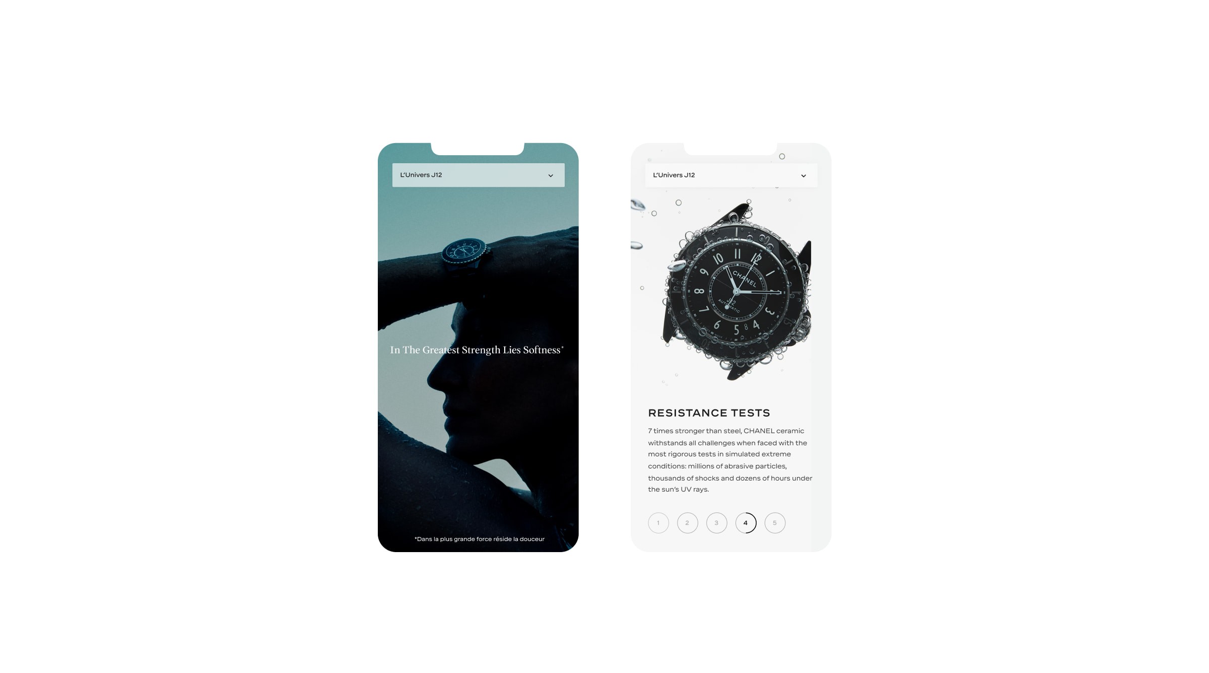 Mobile screens from the Chanel J12 2026 event website