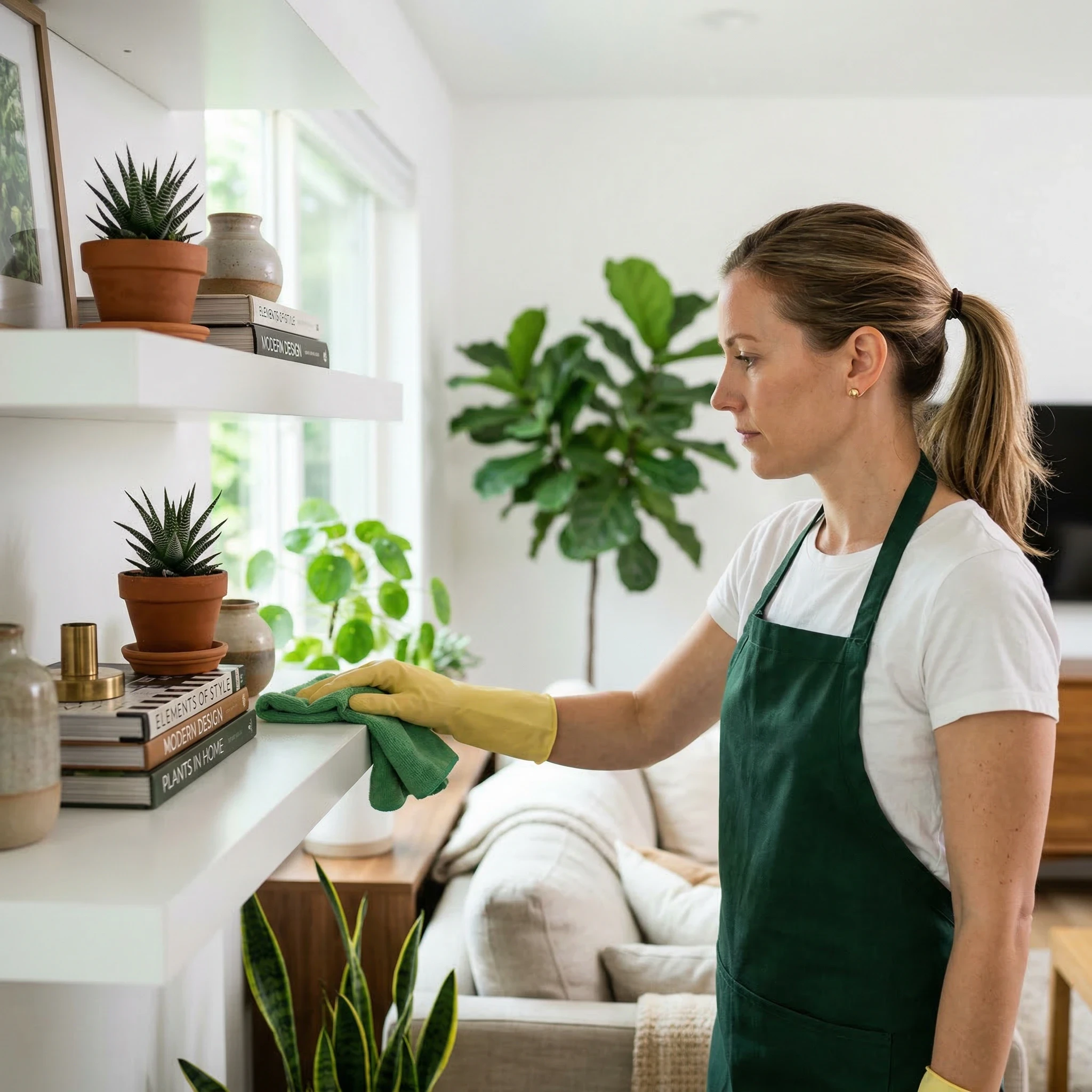 Woman in green apron cleaning shelves with plants and books in a living room.