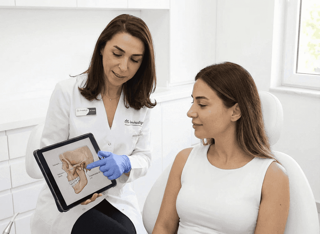 A dentist consulting with a patient, explaining TMD and discussing treatment options in a clinical setting