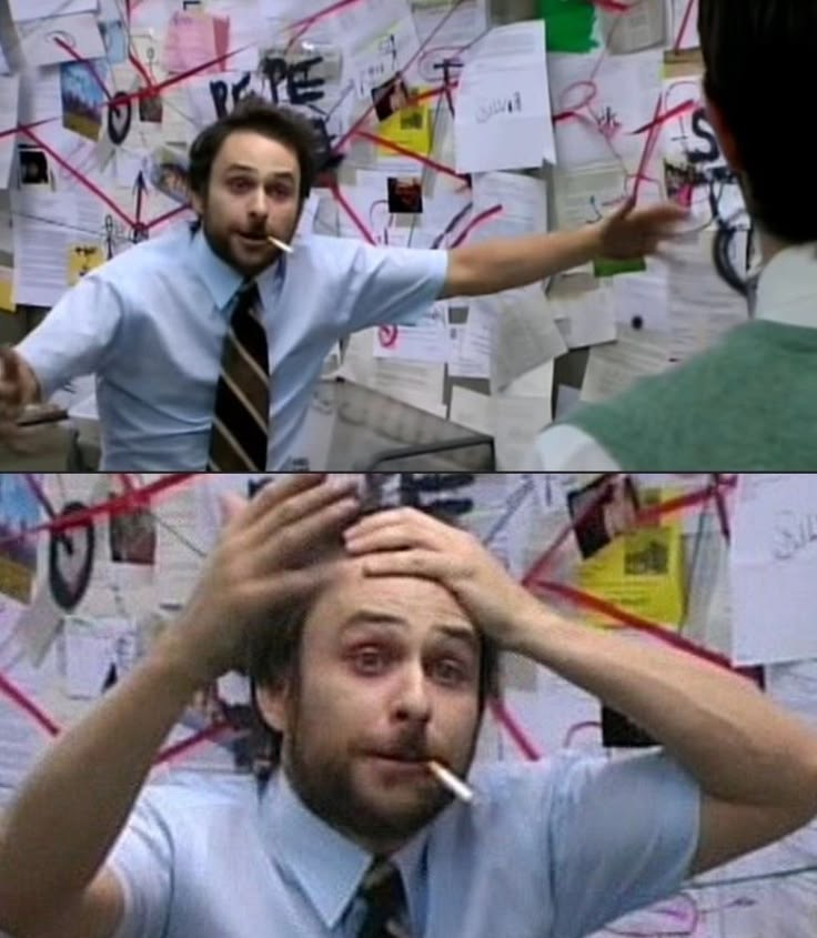Meme of a man frantically pointing at a wall covered in notes and red string, then holding his head in frustration