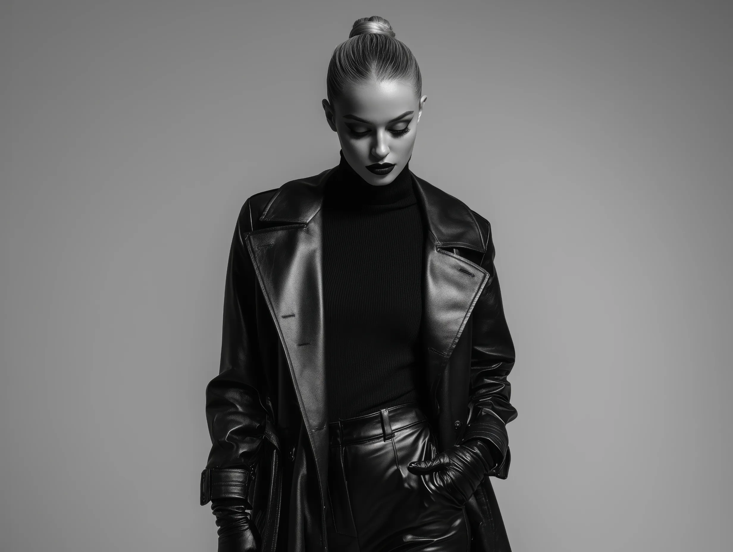 Black and white studio portrait of a model wearing a structured leather jacket for Dominion fashion label.