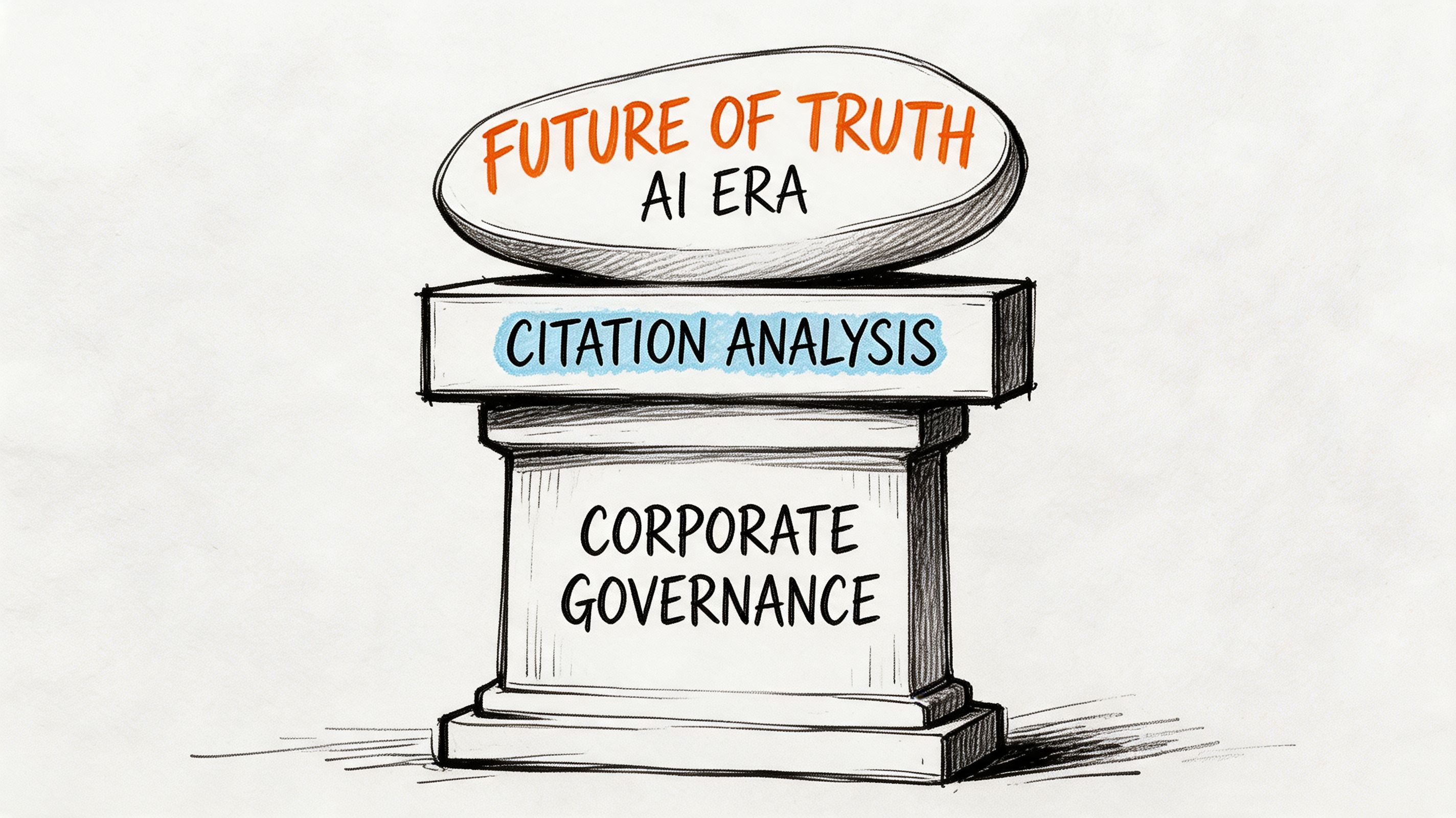 A hand-drawn illustration depicting a conceptual pillar labeled Corporate Governance supporting the Future of Truth AI Era.