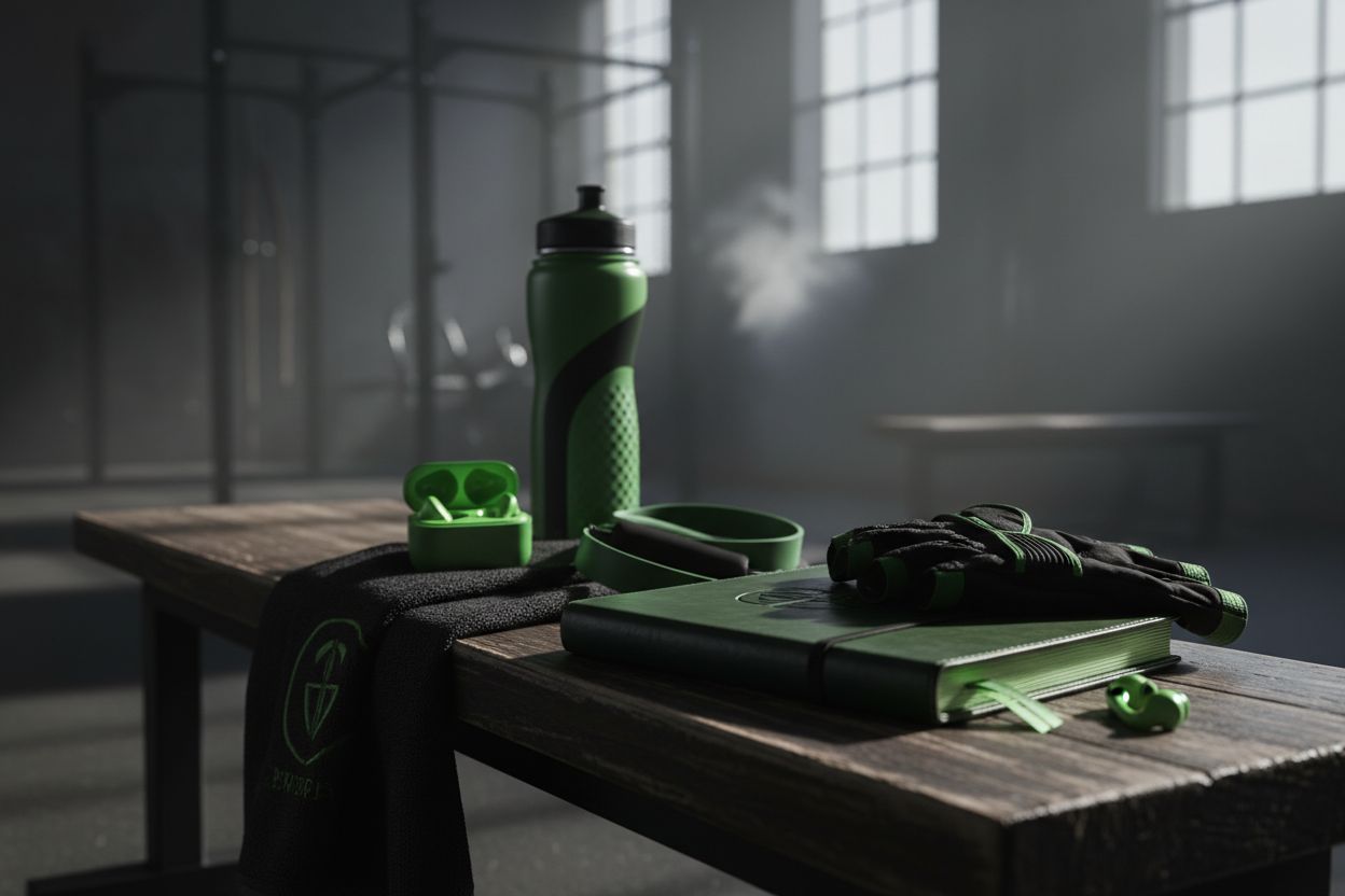 Fitness journal and gym accessories on a workout bench