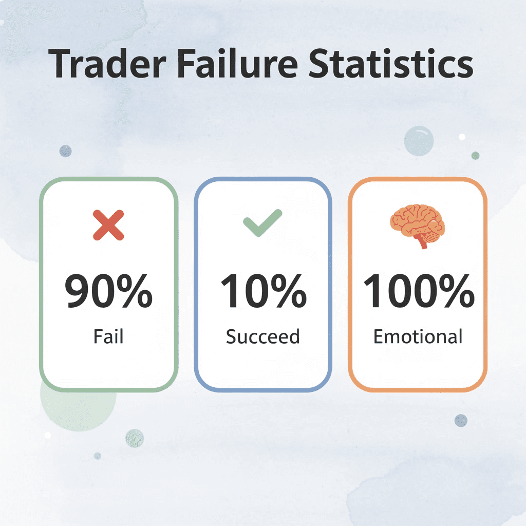 Statistics showing trader failure rates and emotional factors