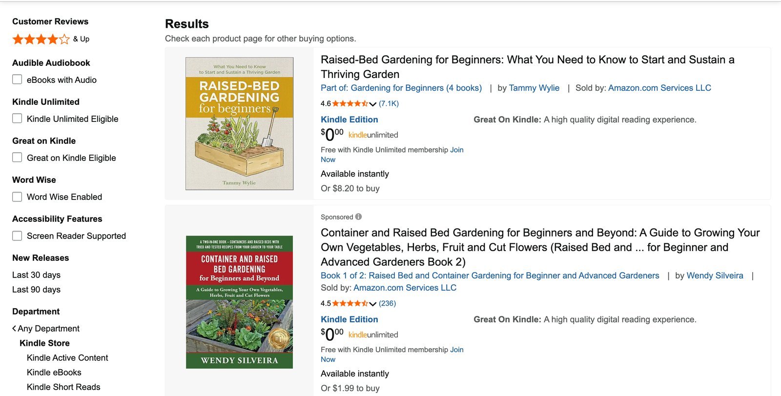 Amazon Kindle store search results for raised bed vegetable gardening for beginners, showing a top result with a 4.6 star rating from about 7,100 ratings, available in Kindle Unlimited or to buy for $8.20, followed by a sponsored result.