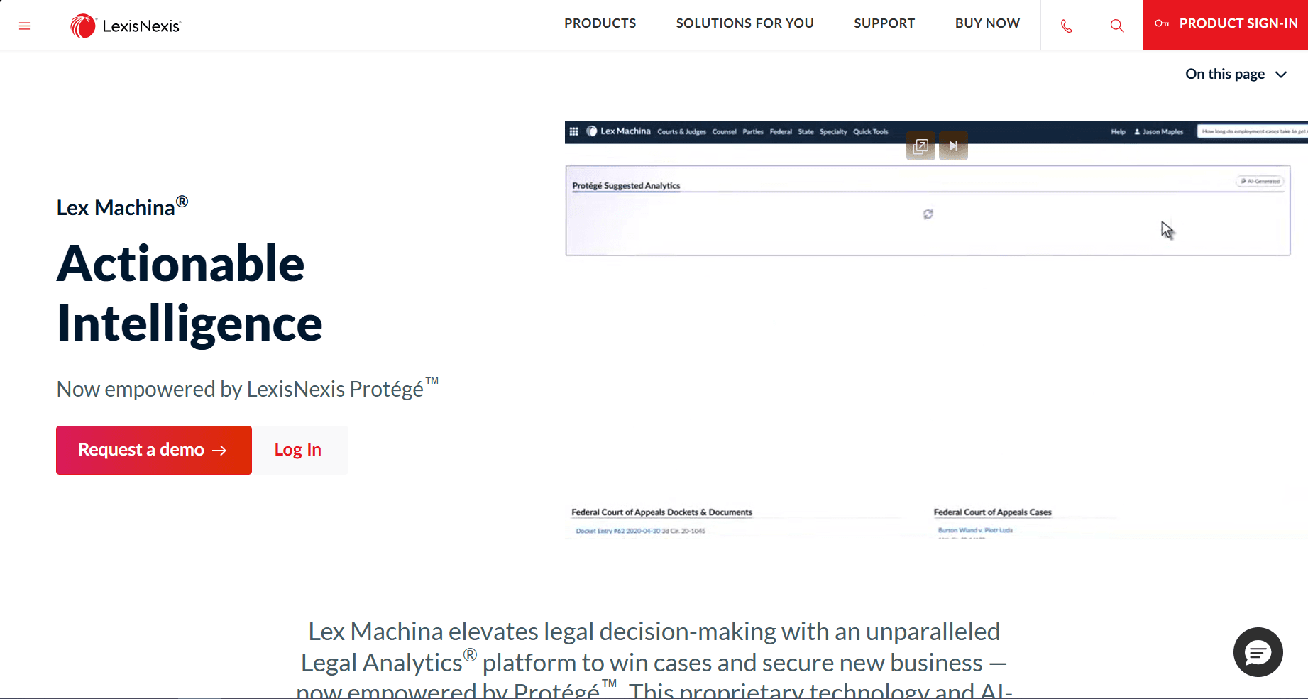 Homepage screenshot of Lex Machina by LexisNexis featuring the headline “Actionable Intelligence,” demo and login buttons, and a product interface preview.