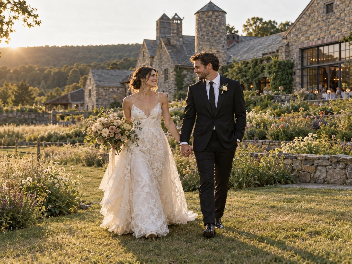 Newlyweds walking through the gardens of a Hudson Valley stone estate