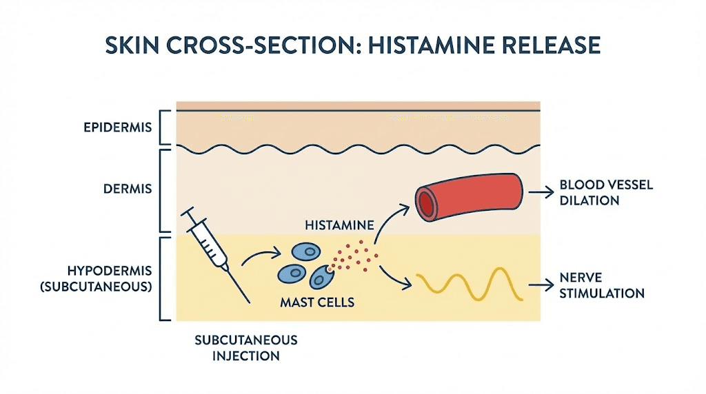 Histamine release mechanism at tirzepatide injection site causing redness and itching