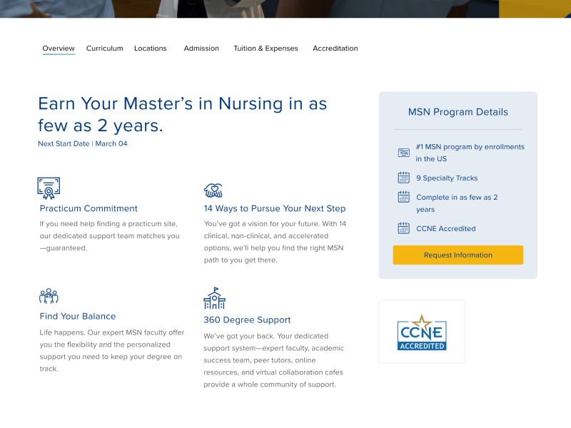 Web page for a Master's in Nursing program. Headline reads, "Earn Your Master’s in Nursing in as few as 2 years." Features icons highlighting practicum commitment, flexible balance, 14 specialization options, and extensive support. Sidebar includes program details: top enrollment, 9 specialty tracks, CCNE accredited. Tone: informative and encouraging.