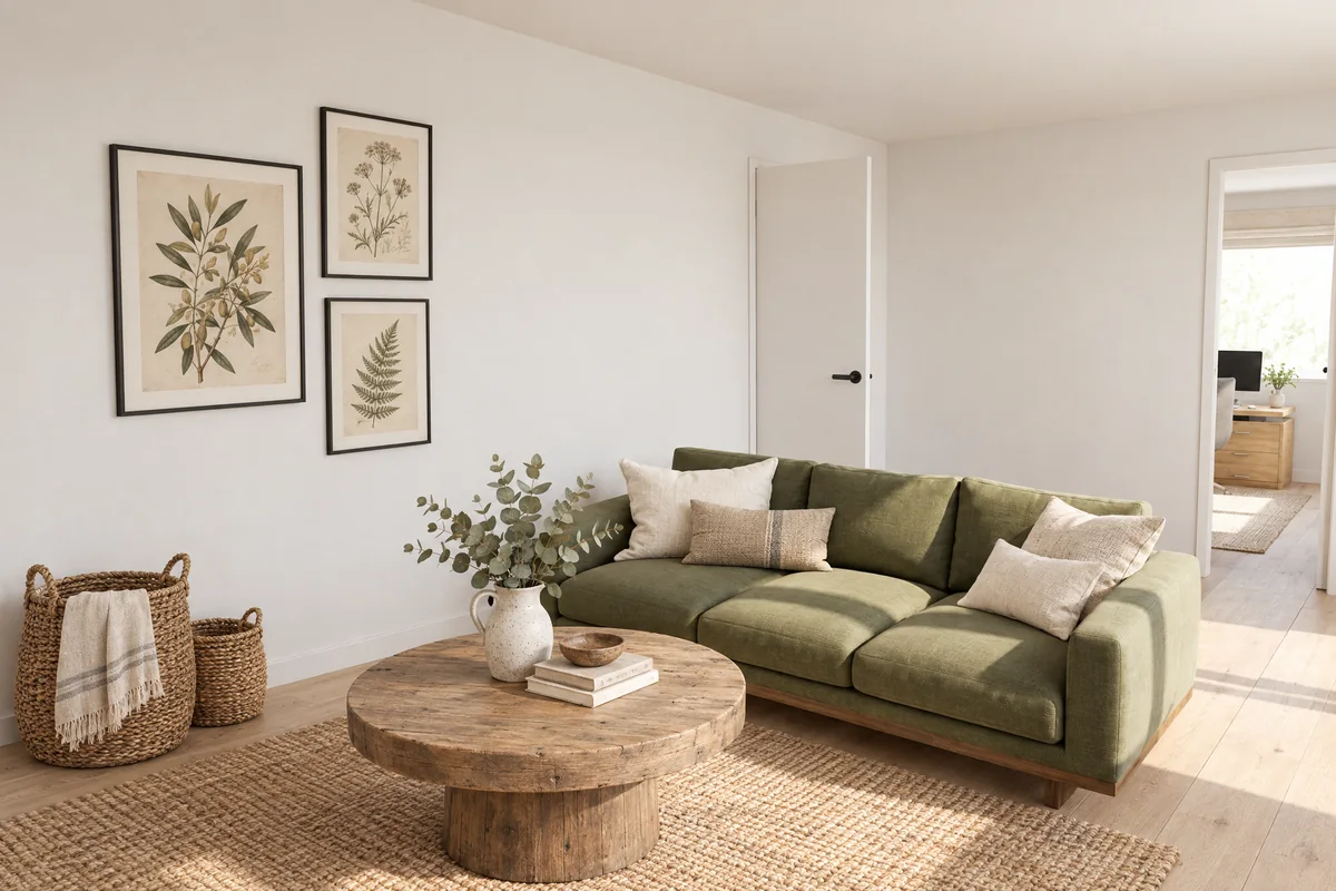 Living room rendered in a organic style with the same custom sofa