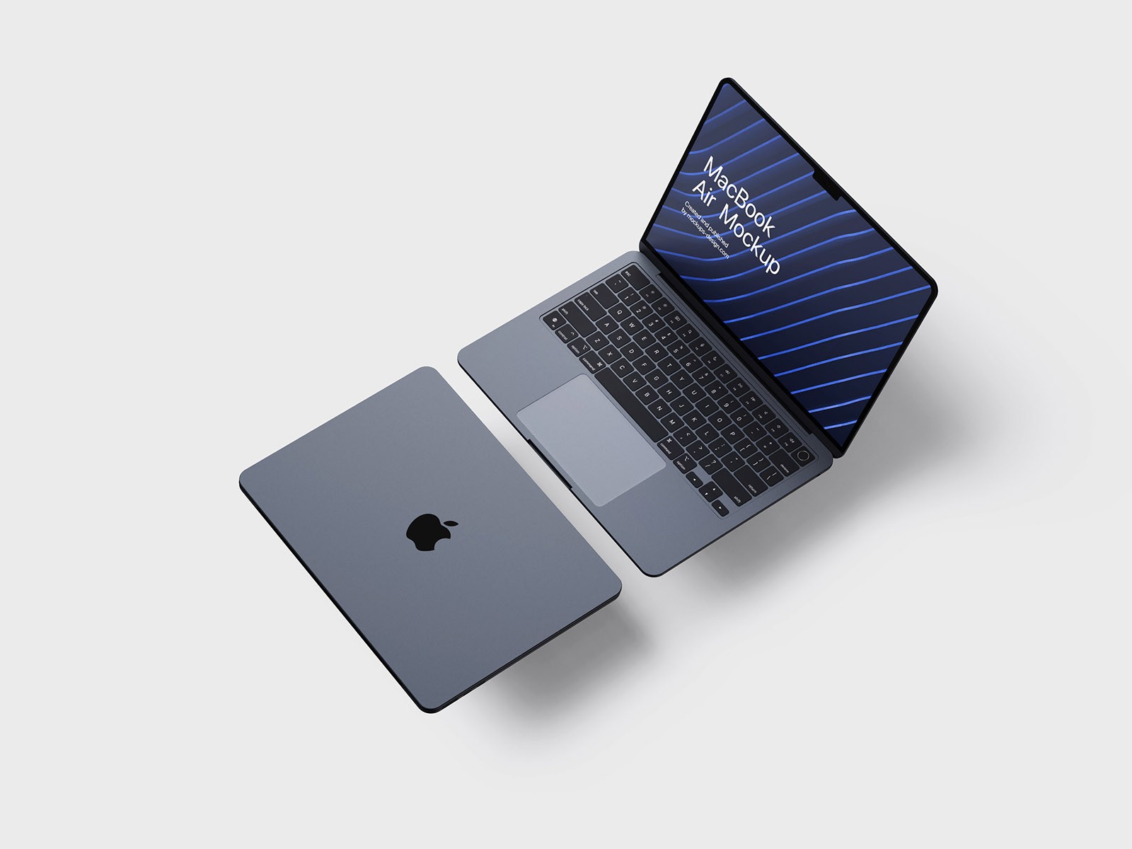 Open MacBook Air beside its closed lid on a white background. The screen displays "MacBook Air Mockup" with blue stripes, conveying a sleek, modern look.