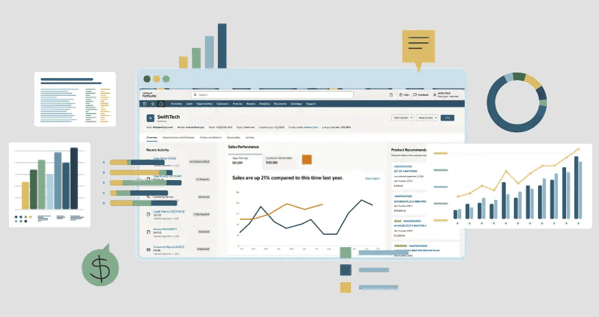Illustration of data analytics with charts, graphs, and a dashboard interface displaying performance metrics.