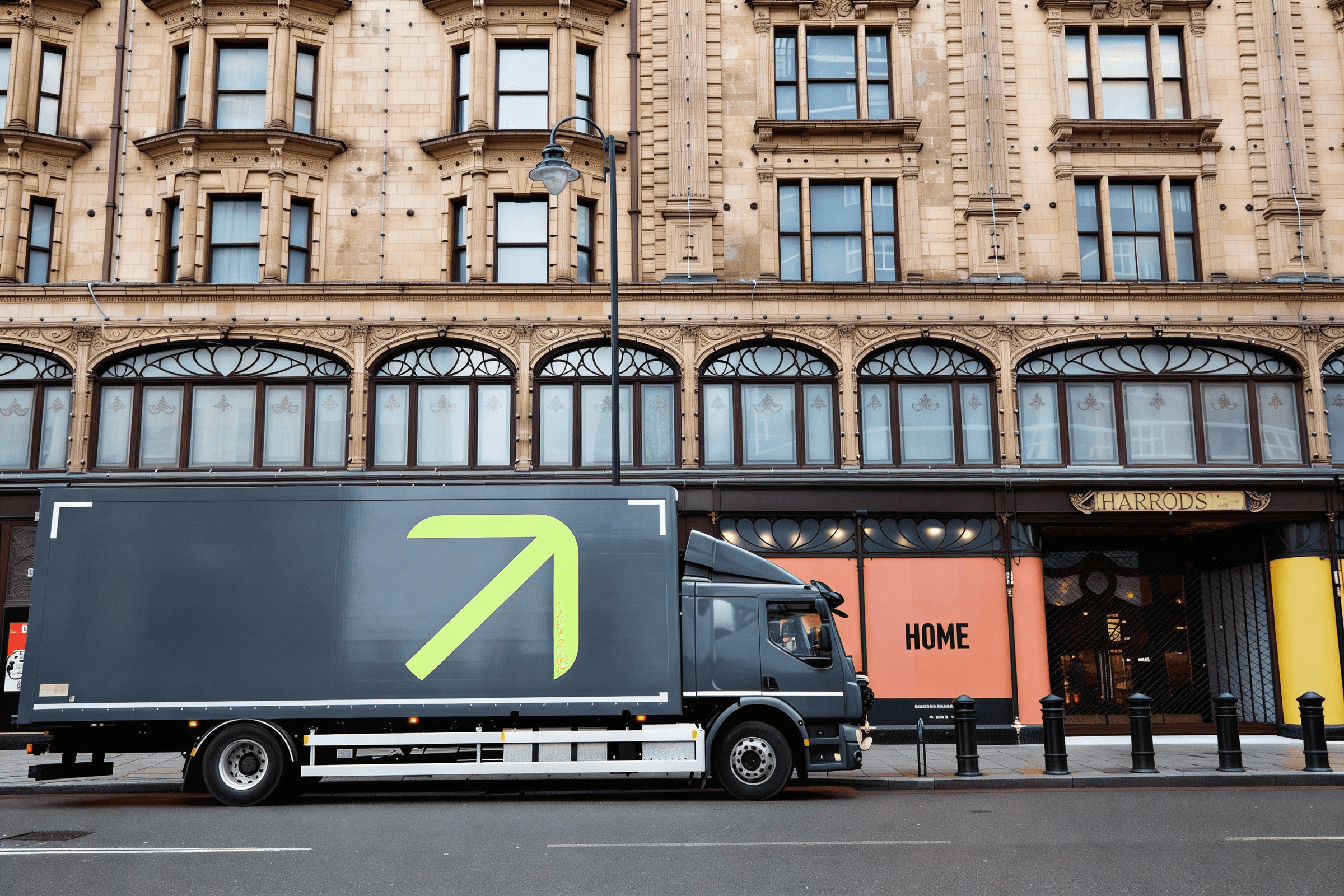 Team of moving workers smiling and playing with a moving truck behind them.