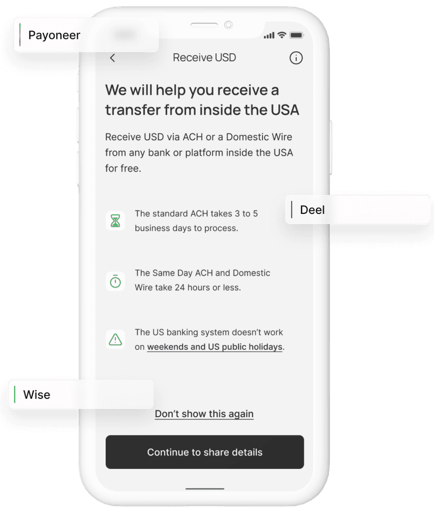 Mockup showcasing a screen added to the 'Receive Funds from Inside USA' flow.