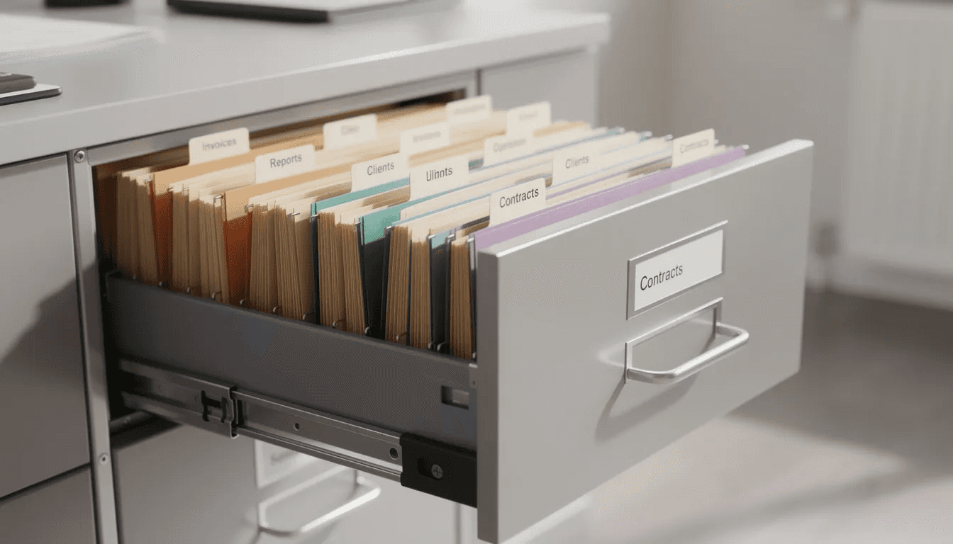 The image shows an organized filing cabinet drawer filled with neatly arranged file folders, each labeled for easy access to important documents related to trust distributions, beneficiary's supplemental security income, and other financial records. This setup facilitates efficient management of trust assets and related paperwork for individuals with special needs.