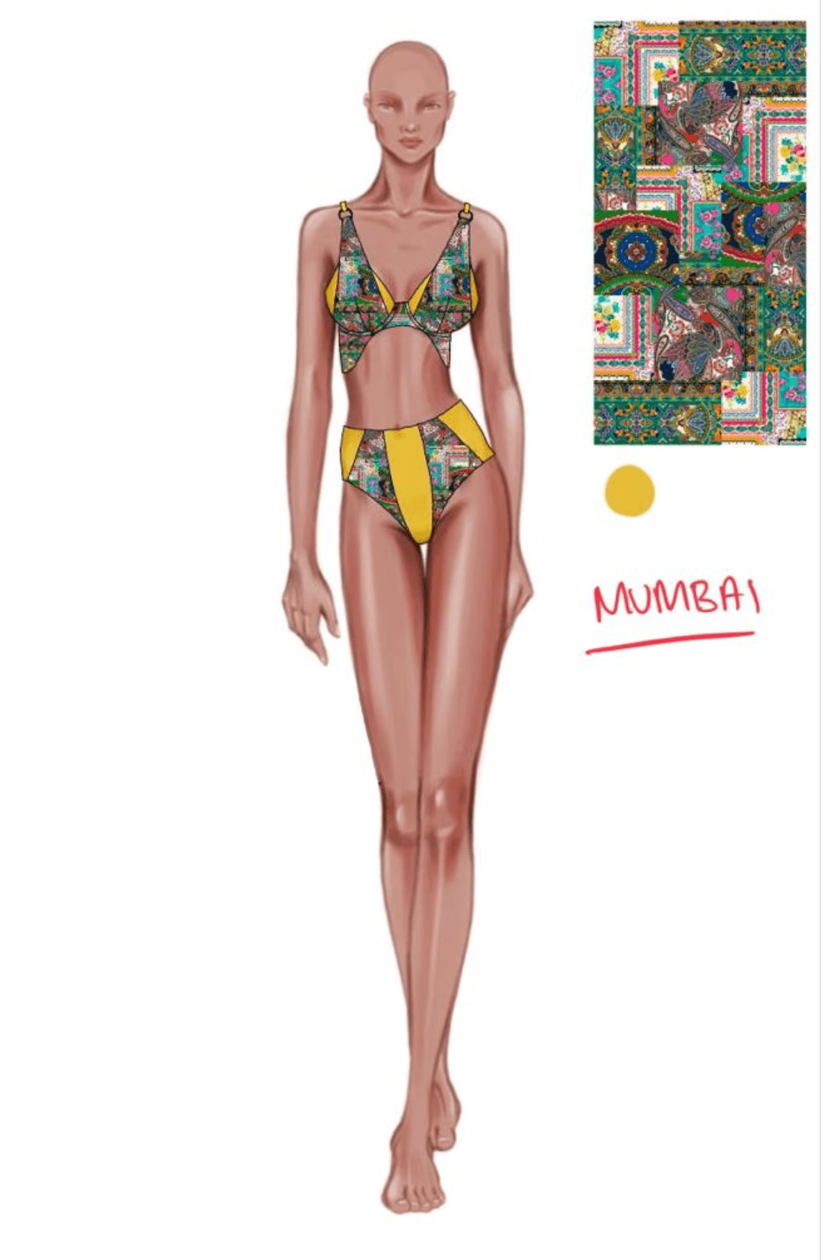 Illustration of a two-piece design with a colorful Mumbai-inspired print and yellow accents.