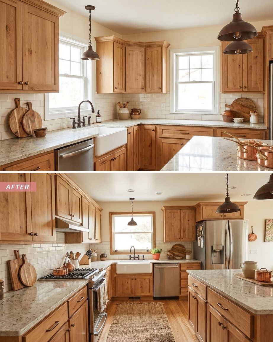 Farmhouse kitchen with natural wood cabinets and stone counters by AI