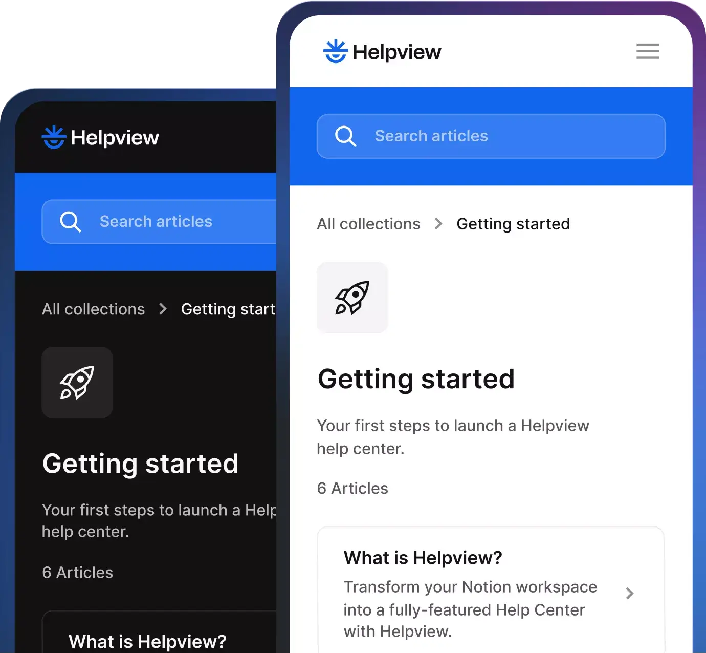 Helpview help center interface on mobile showing light and dark themes with searchable articles.
