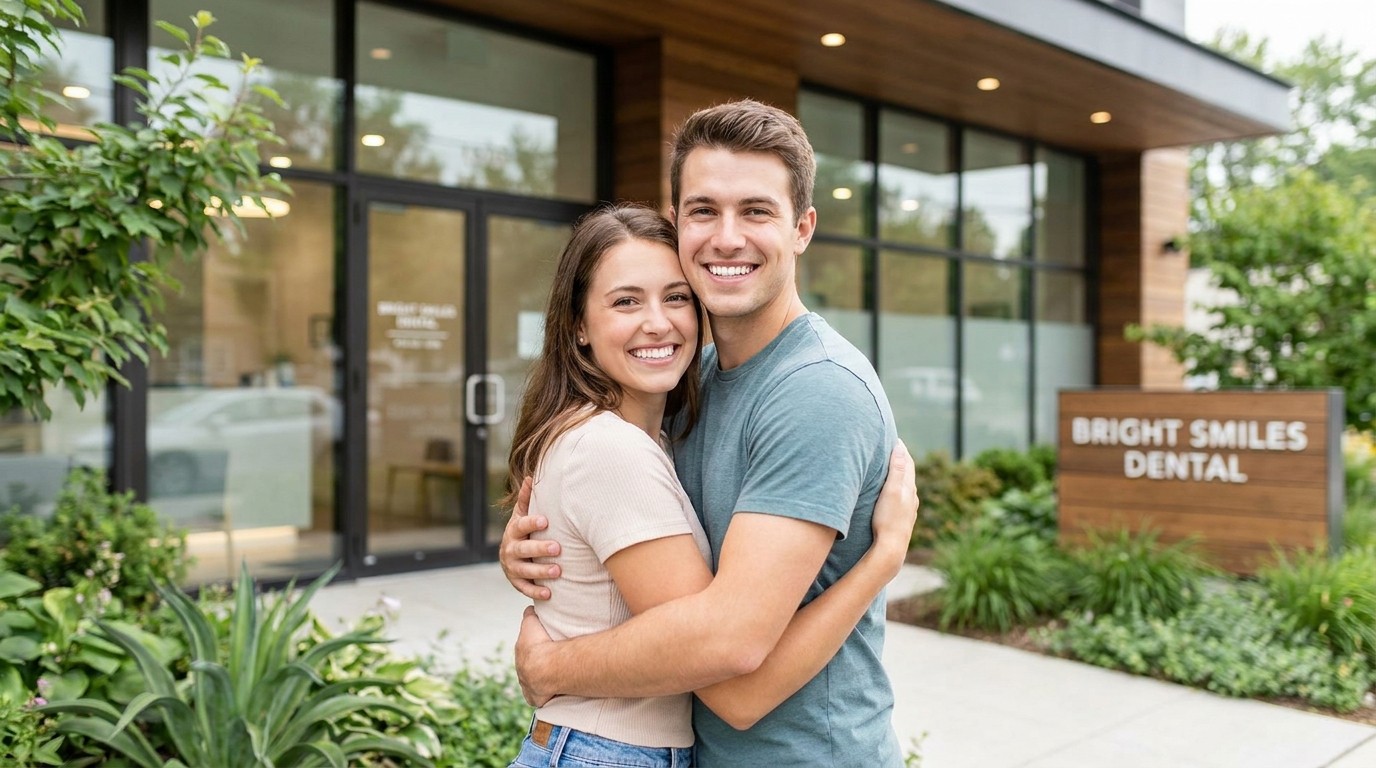 A smiling young couple standing close together outdoors on a bright day.