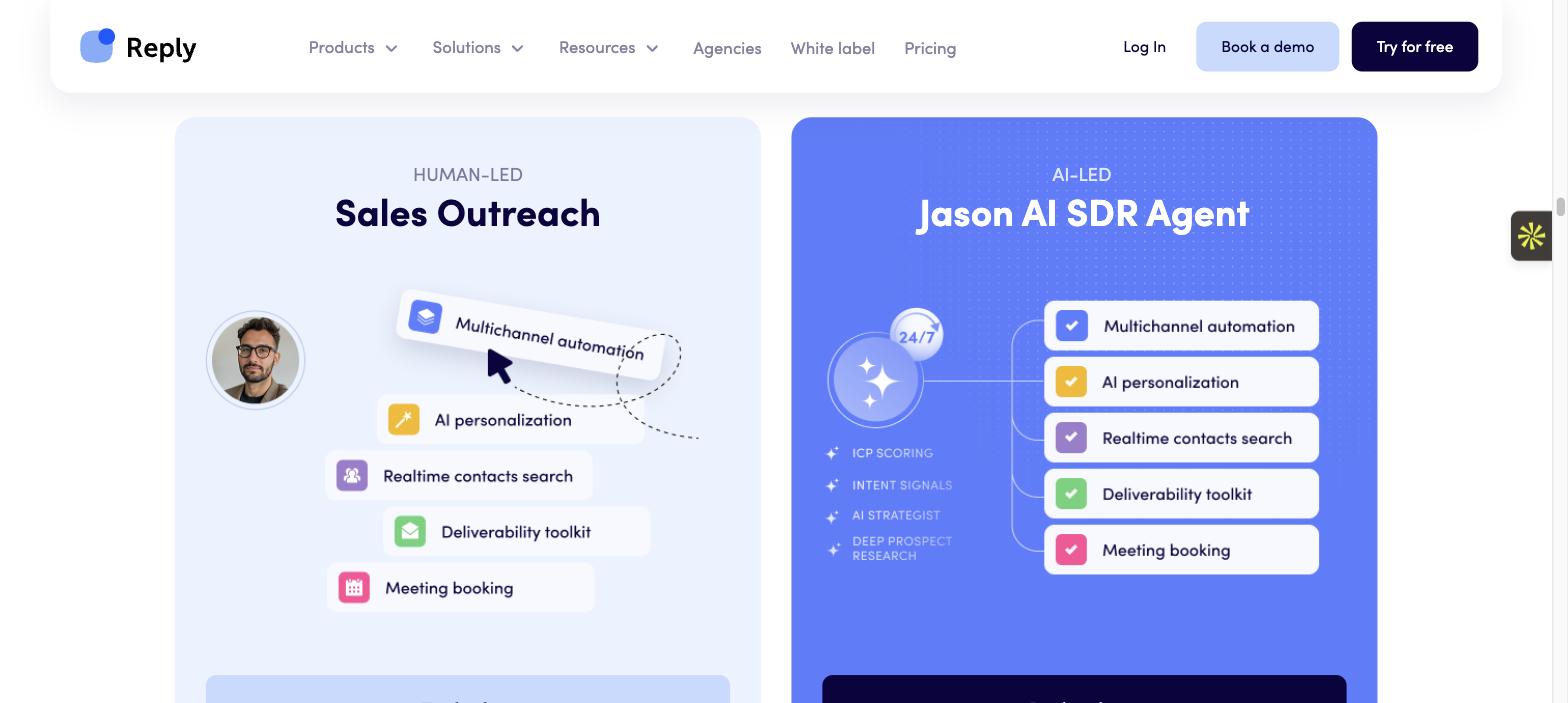 Reply.io platform 2026 showing AI SDR agent and multichannel sequence editor.