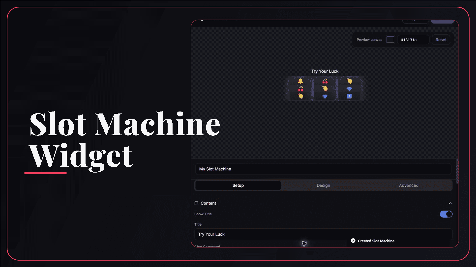 StreamSpell Slot Machine Widget editor showing animated reels and customization controls