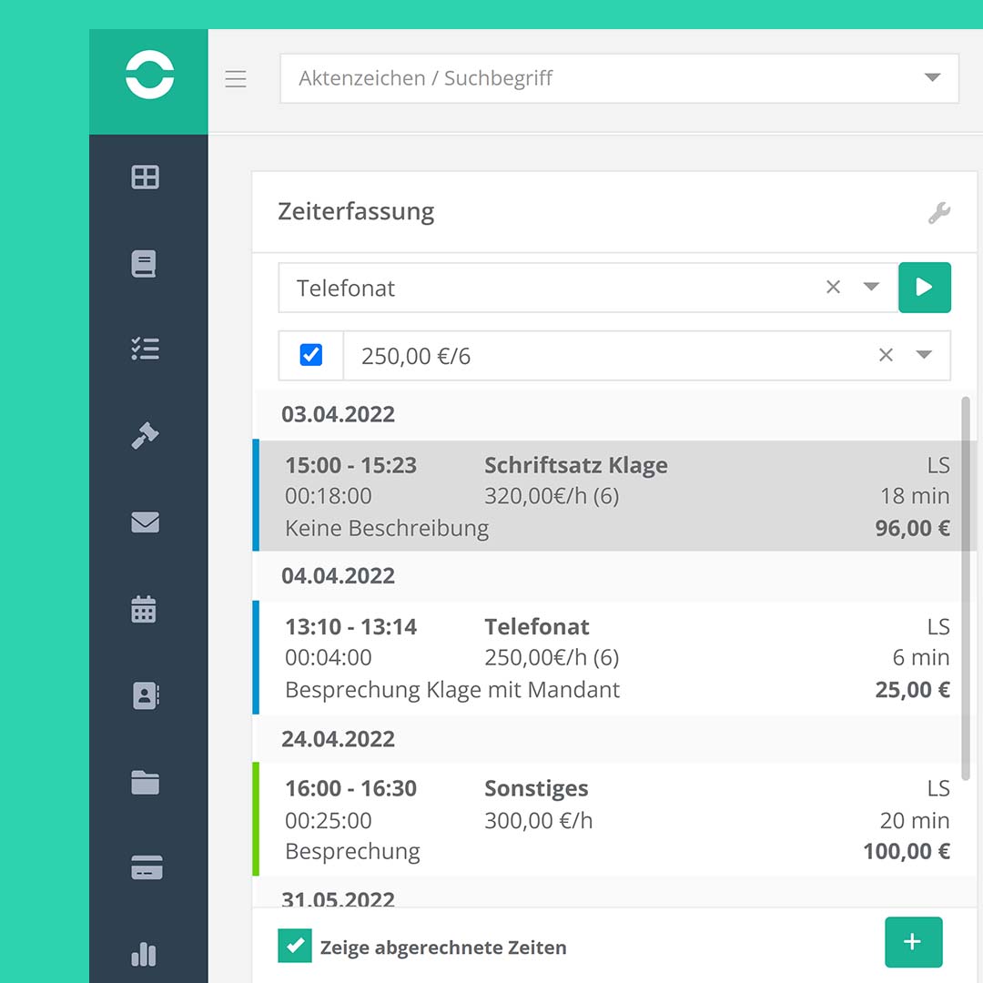 Screenshot der Abrechnung eines Schriftsatzes nach Zeitvergütung in jur|nodes