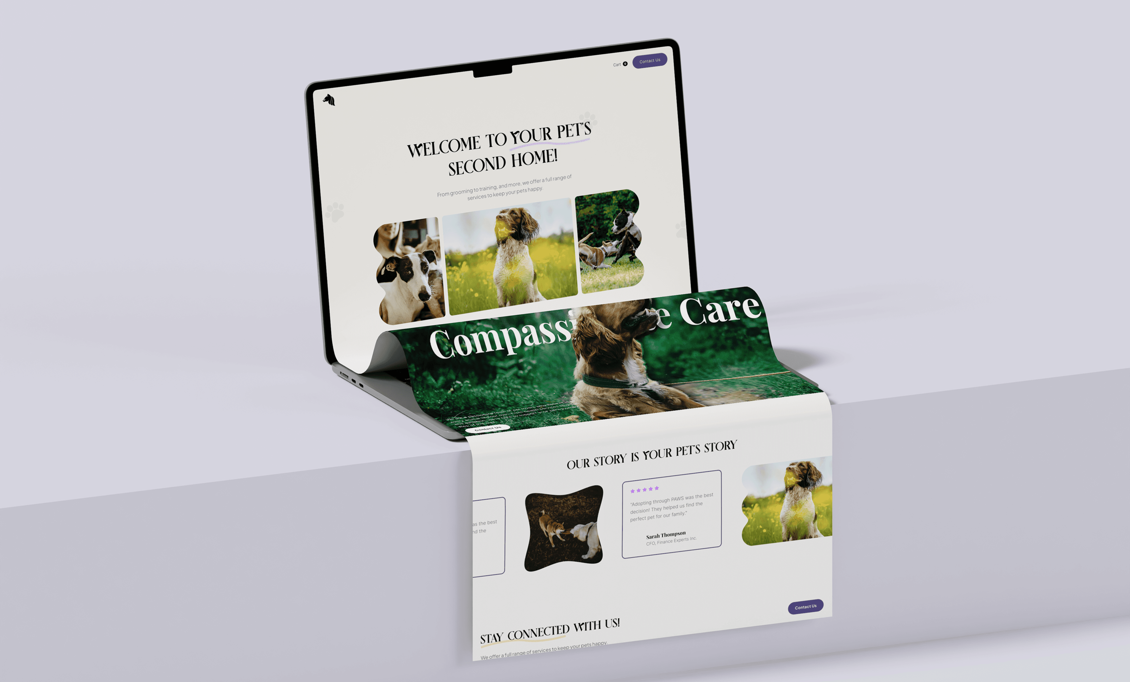 "Creative 3D mockup of the Baagh pet care website displayed on a foldable laptop, with sections unfolding like a scroll. Showcasing premium pet products, compassionate care, and pet adoption stories with a modern and engaging design."