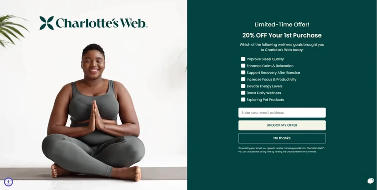 Charlotte’s Web email opt-in form offering 20% off with wellness-goal checkboxes and a yoga image